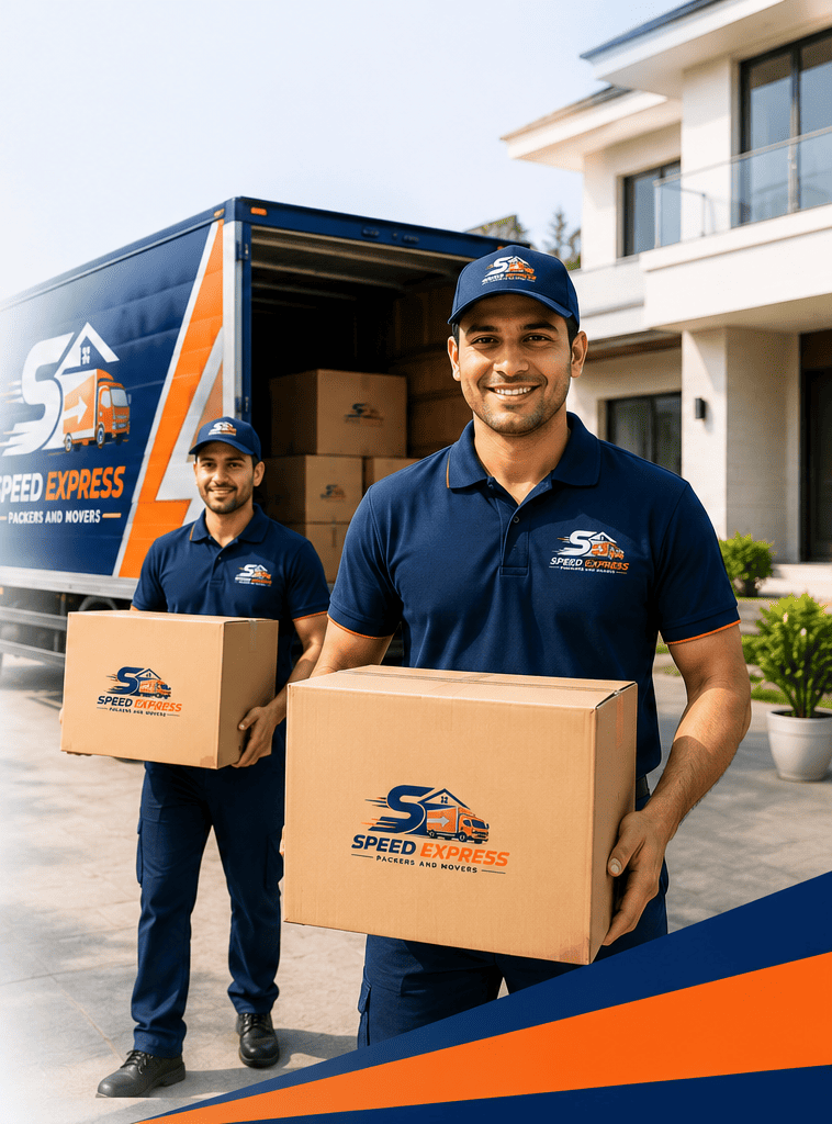 Two Speed Express Packers and Movers staff in uniform carrying branded cartons from a loaded truck