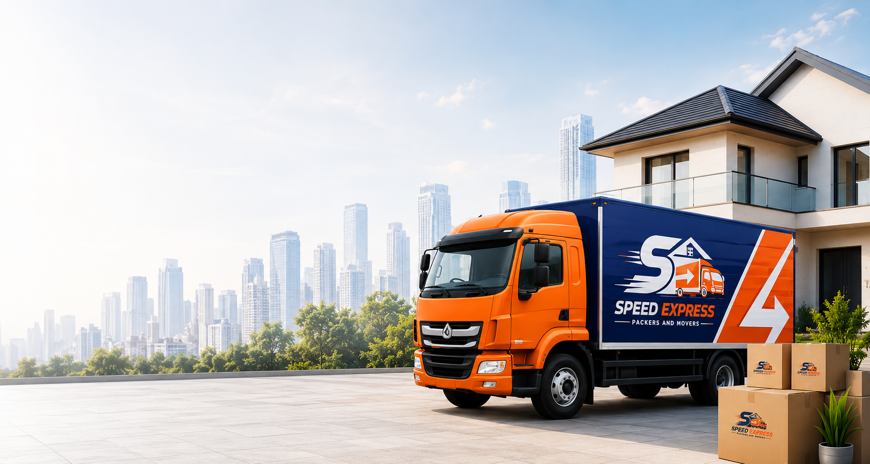 Speed Express Packers and Movers truck loaded with packed cartons outside a house